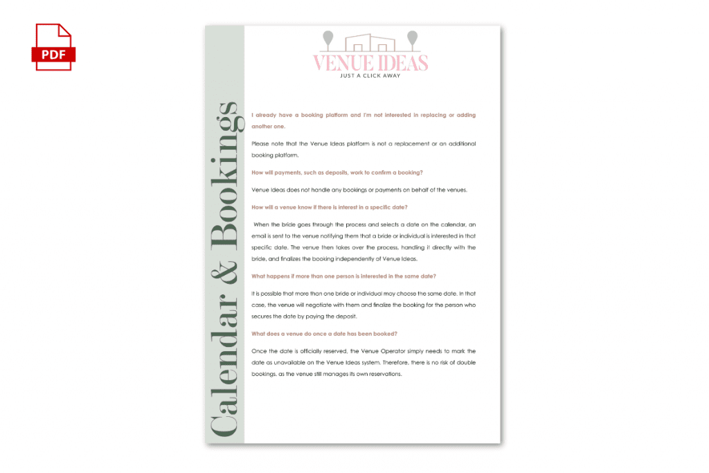 Calendar and bookings template featuring a clean layout with frequently aked questions for event details and reservations.