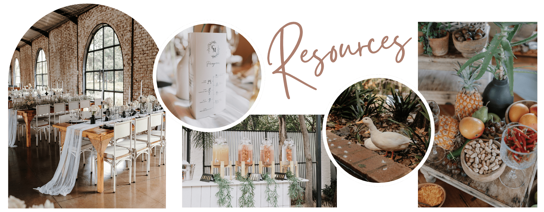 A collage of elegant wedding decor featuring floral arrangements, candles, and the word "Resources" prominently displayed.