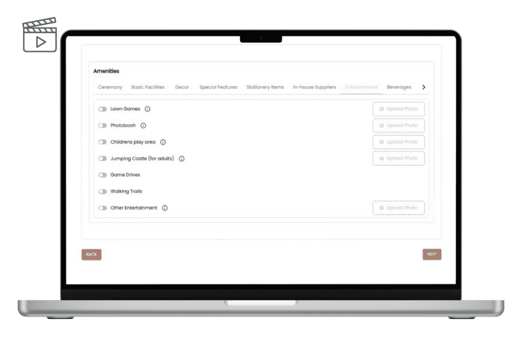 A webpage displaying a list of amenities.
